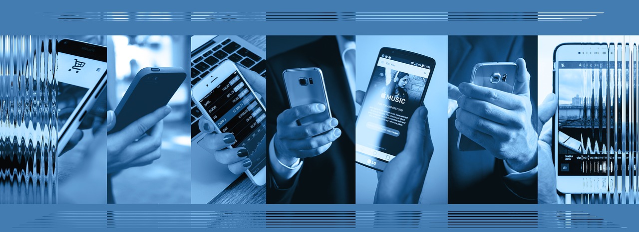 A lovely blue background and 5 pictures of cell phones at different angles.
